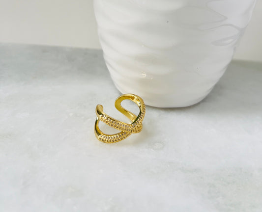 infinite shape ring with cubic zirconia and gold, open end adjustable and water resistant