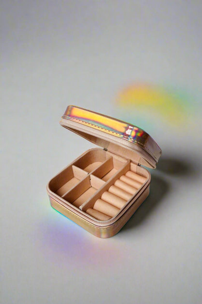 Elegant raimbow colored small jewelry box, ideal for travel and storage, featuring a sleek design and soft interior to protect your valuable pieces."